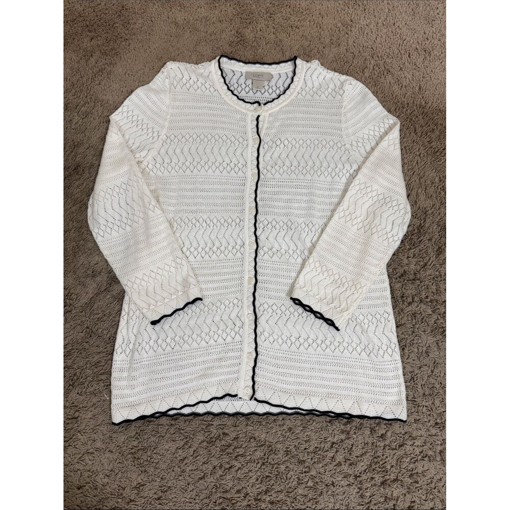LOFT Openwork Crochet Cardigan Cream Black Trim size M Cottagecore Feminine Chic